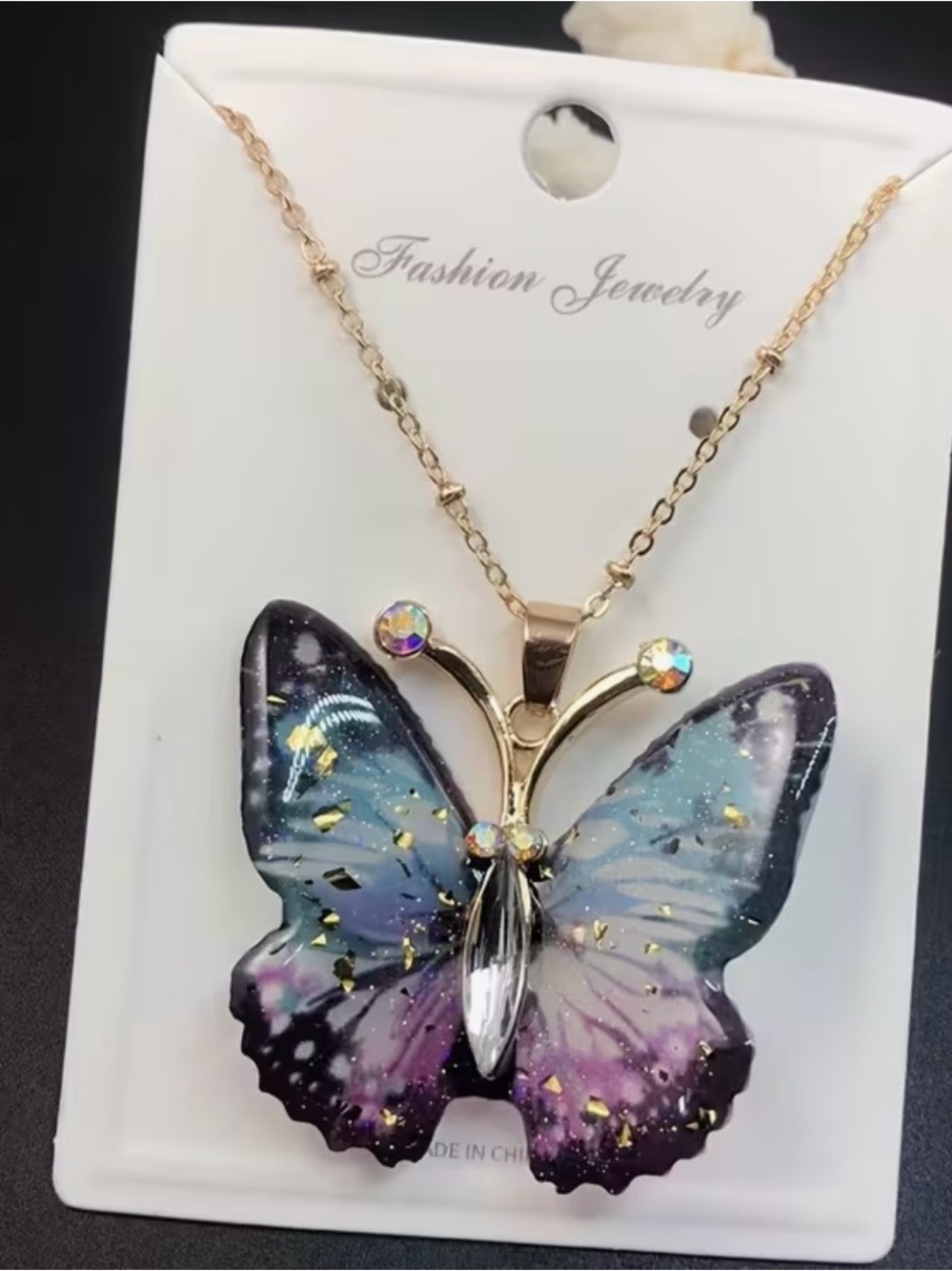NWT Gold-Tone Butterfly Necklace with Purple Blue Accents